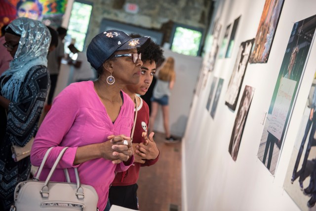 A woman and teen look at a piece of art at the Nasher Museum of Art. Photo by J Caldwell, Nasher Museum at Duke University