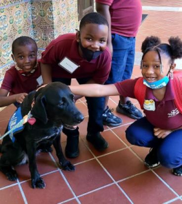 Three young children crouch next to a sitting dog.