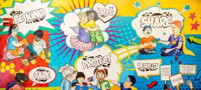 A colorful illustration artwork of human figures and bursts of words, "Be kind," "Love," "Care," "Protect," "Share," "Respect" and more.