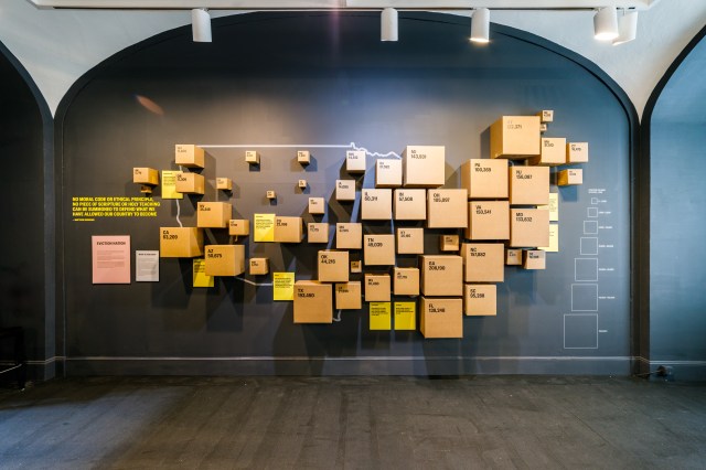 Photo of the Evicted exhibition at the National Building Museum. The size of the moving boxes correspond to the annual number of evictions in that state in 2016. Photo by Yassine El Mansouri, courtesy National Building Museum.