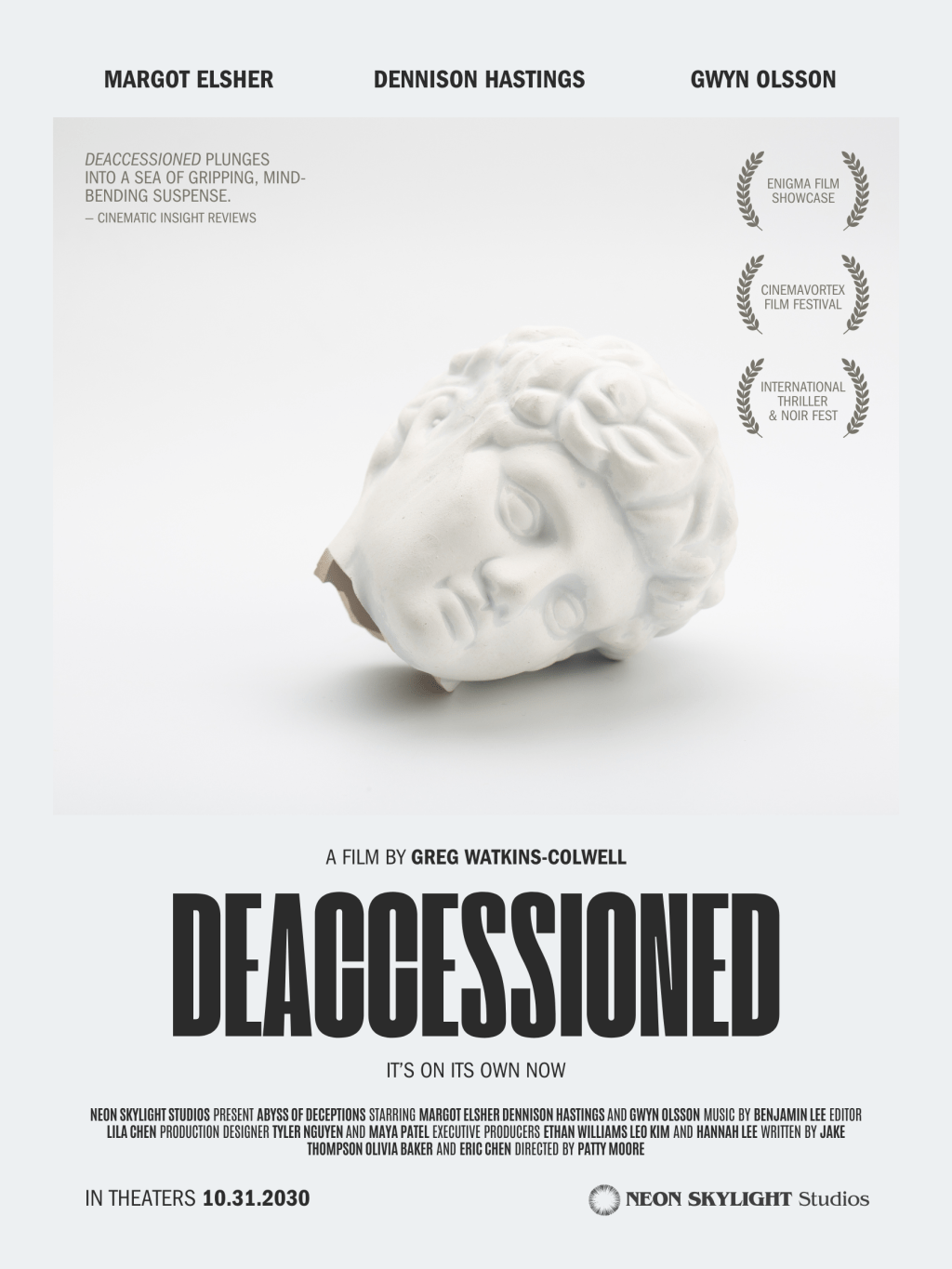 A poster for a movie called Deaccessioned directed by Greg Watkins-Colwell, with an image of a severed statue head