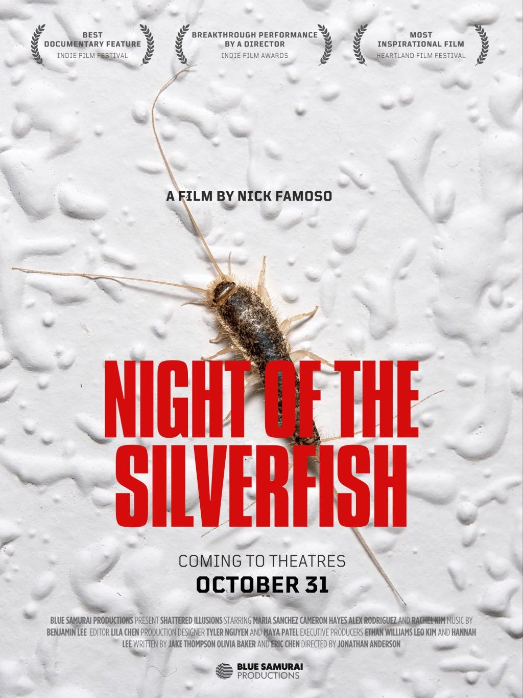 A movie poster featuring a close-up image of a silverfish with the title "Night of the Silverfish"