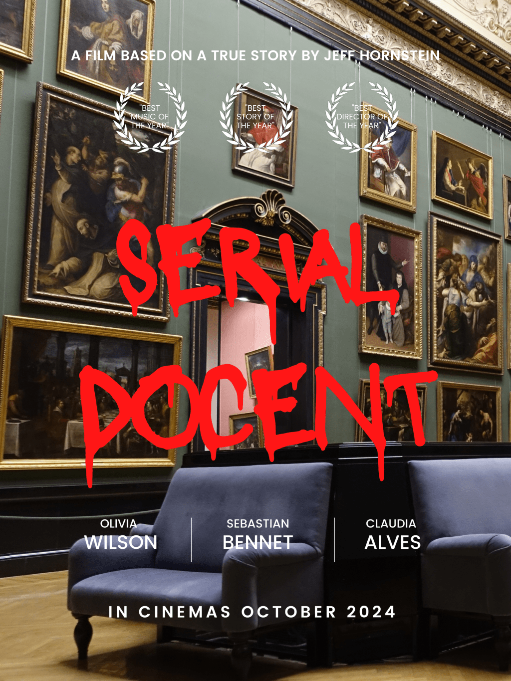 A movie poster showing an art museum gallery with the text "Serial Docent" in a dripping red font